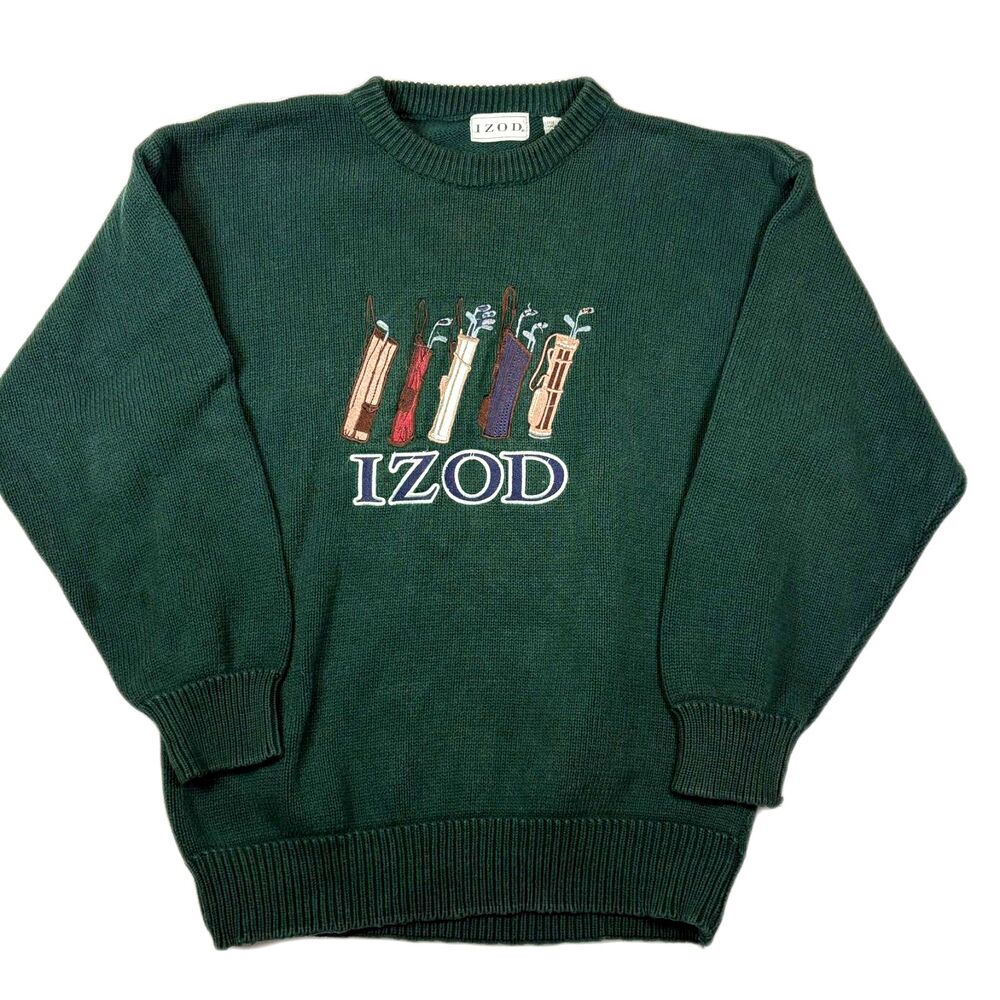 Izod Mens VTG Forest Green Size Large Crewneck Knit Pullover-Embroidered Golf